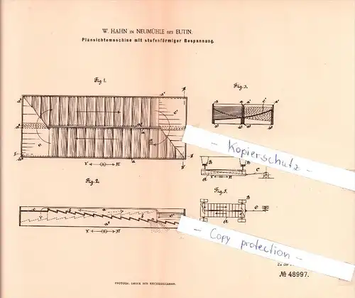 Original Patent  - W. Hahn in Neumühle bei Eutin , 1889 , Plansichtemaschine mit Bespannung !!!