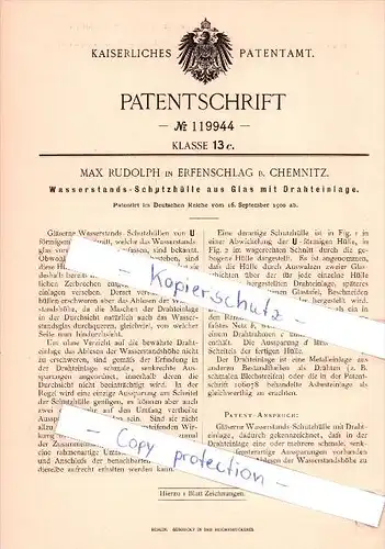 Original Patent  - M. Rudolph in Erfenschlag b. Chemnitz , 1900 , Wasserstands-Schutzhülle aus Glas  !!!
