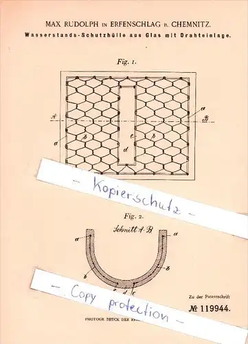 Original Patent  - M. Rudolph in Erfenschlag b. Chemnitz , 1900 , Wasserstands-Schutzhülle aus Glas  !!!