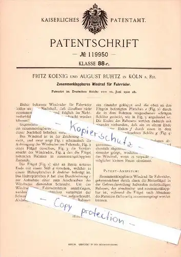 Original Patent  -  F. König und A. Ruhtz in Köln a. Rh. , 1900 , Windrad für Fahrräder , Fahrrad !!!