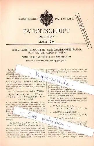 Original Patent  -  Zündkapsel-Fabrik von V. Alder in Wien , 1900 , Darstellung von Alkalicyaniden !!!