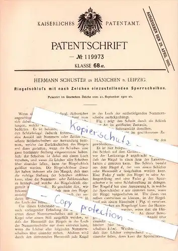 Original Patent  - Hermann Schuster in Hänichen b. Leipzig , 1900 , Riegelschloß !!!