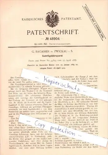 Original Patent  - G. Sagasser in Zwickau i. S.  , 1889 , Centrifugalklärapparat !!!
