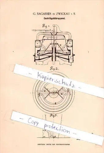 Original Patent  - G. Sagasser in Zwickau i. S.  , 1889 , Centrifugalklärapparat !!!