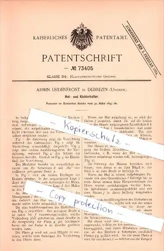 Original Patent  - Armin Leidenfrost in Debrezin / Debrecen , Ungarn , 1893 , Hut- und Kleiderhalter !!!