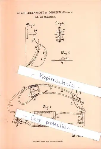 Original Patent  - Armin Leidenfrost in Debrezin / Debrecen , Ungarn , 1893 , Hut- und Kleiderhalter !!!