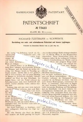 Original Patent  - Richard Fleitmann in Schwerte , 1892 ,  Darstellung von Flußnickel !!!