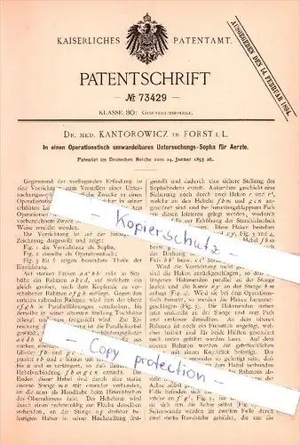 Original Patent  - Dr. med. Kantorowicz in Forst i. L. , 1893 , Operationstisch , Arzt , Krankenhaus !!!