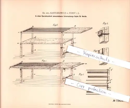 Original Patent  - Dr. med. Kantorowicz in Forst i. L. , 1893 , Operationstisch , Arzt , Krankenhaus !!!