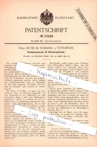 Original Patent  - Jetter & Scheerer in Tuttlingen , 1893 ,  Einathmungsmaske , Arzt , Krankenhaus , Sauerstoffmaske !!!
