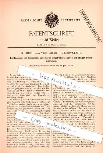 Original Patent  - IG. Dickl und V. Aicher in Darmstadt , 1892 , Kraftmaschine mit Kolben , Maschinenbau !!!