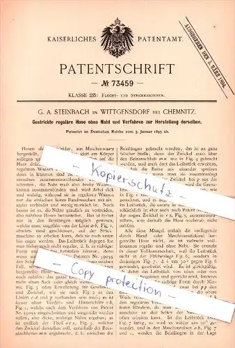 Original Patent  - G. A. Steinbach in Wittgensdorf bei Chemnitz , 1893 , Flecht- und Strickmaschinen , Strickerei !!!