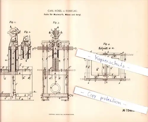 Original Patent  -  Carl Rösel in Striegau / Strzegom , 1893 , Falle für Maulwürfe, Mäuse , Maulwurf !!!