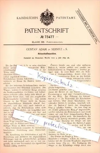 Original Patent  -  Gustav Adam in Sebnitz i. S.  , 1893 , Holzschleifmaschine , Tischlerei , Tischler , Holz !!!