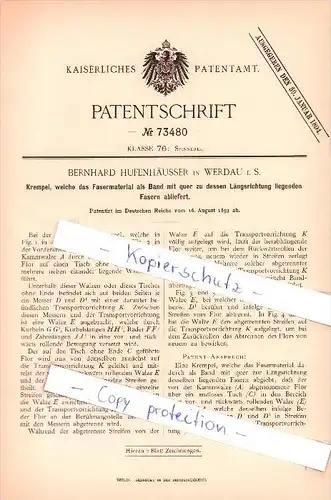 Original Patent  - Bernhard Hufenhäusser in Werdau i. S. , 1893 ,  Krempel , Spinnerei !!!