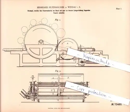 Original Patent  - Bernhard Hufenhäusser in Werdau i. S. , 1893 ,  Krempel , Spinnerei !!!