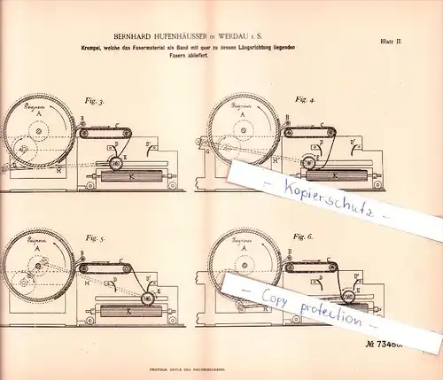 Original Patent  - Bernhard Hufenhäusser in Werdau i. S. , 1893 ,  Krempel , Spinnerei !!!