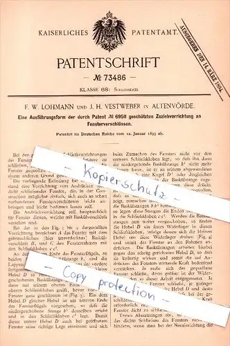 Original Patent  - F. Lohmann und J. H. Vestweber in Altenvörde , 1893 , Zuziehvorrichtung , Fensterbau , Ennepetal !!!