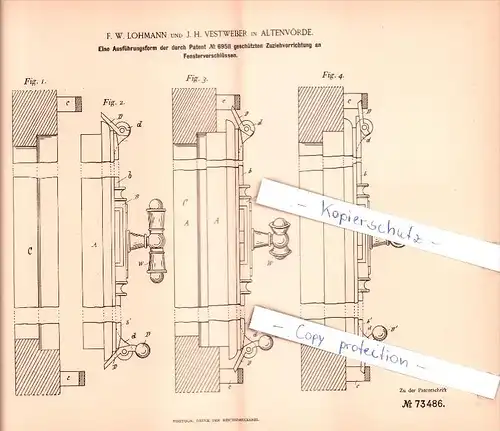 Original Patent  - F. Lohmann und J. H. Vestweber in Altenvörde , 1893 , Zuziehvorrichtung , Fensterbau , Ennepetal !!!