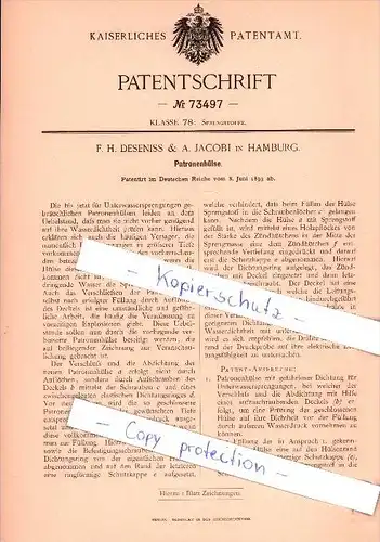 Original Patent  -  F. H. Deseniss & A. Jacobi in Hamburg , 1893 , Patronenhülse , Munition , Gewehr , Jagd !!!