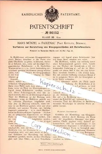 Original Patent  -  Hans Münzel in Falkenau / Sokolov , 1895 , Herstellung von Glasgegenständen !!!