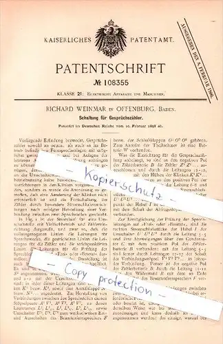 Original Patent -  Richard Weinmar in Offenburg , Baden 1898 , Schaltung für Gesprächszähler !!!