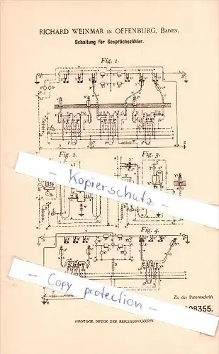 Original Patent -  Richard Weinmar in Offenburg , Baden 1898 , Schaltung für Gesprächszähler !!!