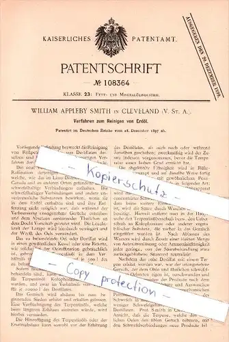 Original Patent - William Smith in Cleveland , 1897 , Reinigung von Erdöl , Öl , Oel !!!