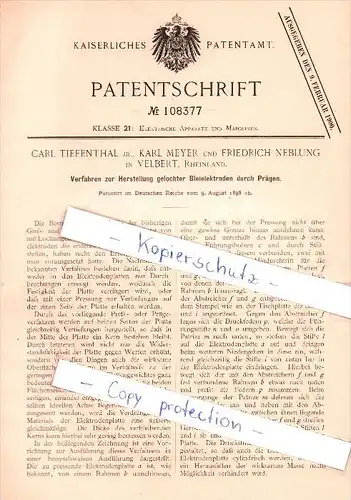 Original Patent - C. Tiefenthal , K. Meyer und F. Neblung in Velbert , 1898 , Blei - Elektroden , Elektrik , Mettmann !!