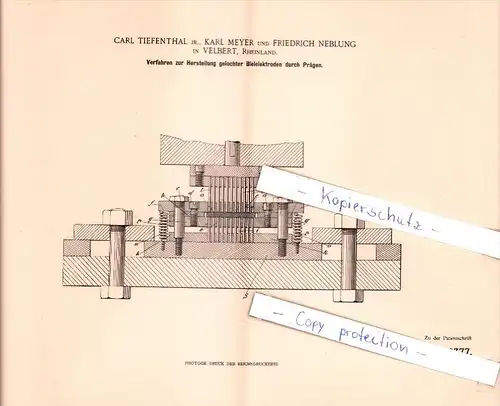 Original Patent - C. Tiefenthal , K. Meyer und F. Neblung in Velbert , 1898 , Blei - Elektroden , Elektrik , Mettmann !!