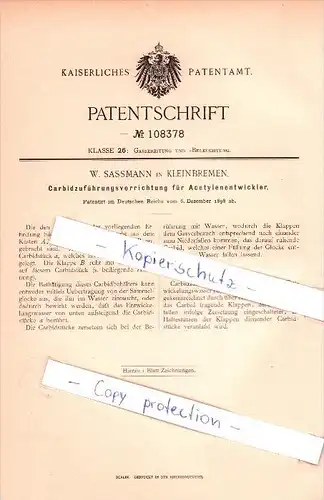 Original Patent - W. Sassmann in Kleinenbremen , 1898 , Acetylenentwickler , Porta Westfalica !!!