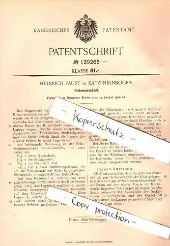Original Patent - Heinrich Faust in Katzenelnbogen , 1902 , Kistenverschluß , Kiste , Transport !!!