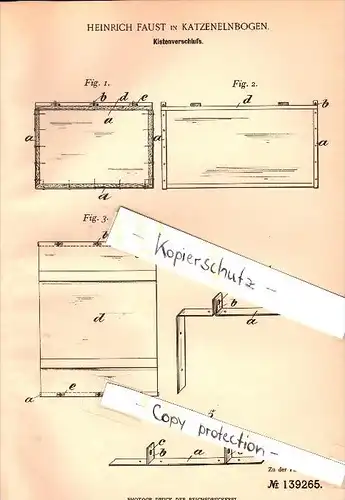 Original Patent - Heinrich Faust in Katzenelnbogen , 1902 , Kistenverschluß , Kiste , Transport !!!