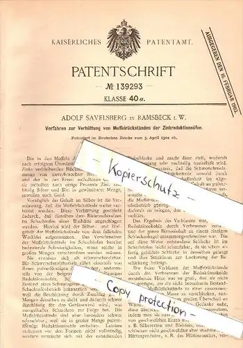 Original Patent - Adolf Savelsberg in Ramsbeck b. Bestwig , 1902 , Zink - Reduktionsofen !!!