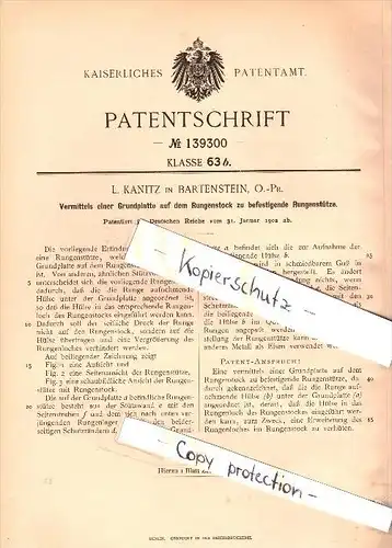 Original Patent -  L. Kanitz in Bartenstein / Bartoszyce i. Ostpreussen , 1902 , Stütze für Rungen !!!