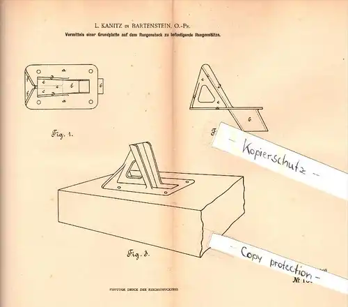 Original Patent -  L. Kanitz in Bartenstein / Bartoszyce i. Ostpreussen , 1902 , Stütze für Rungen !!!