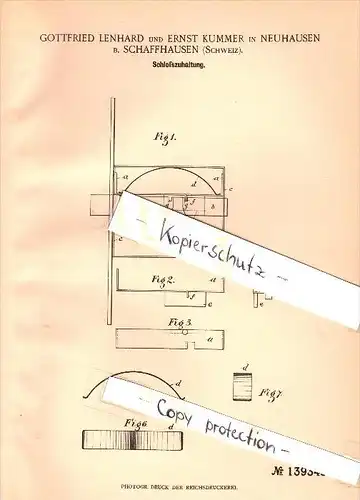 Original Patent - G. Lenhard und E. Kummer in Neuhausen b. Schaffhausen , 1902 , Schlosszuhaltung , Schlosserei , Tür !!