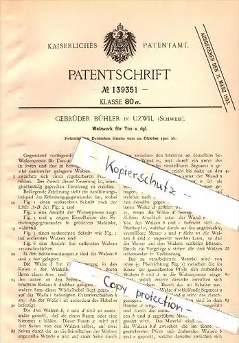 Original Patent - Gebrüder Bühler in Uzwil , 1901 , Walzwerk für Ton !!!
