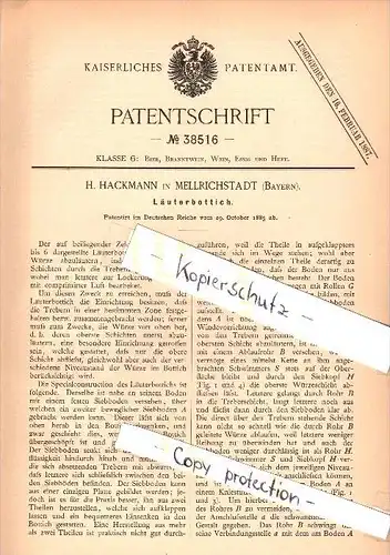 Original Patent - H. Hackmann in Mellrichstadt , Bayern , 1885 , Läuterbottich , Brauerei , Alkohol , Bier !!!
