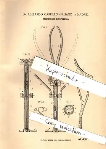 Original Patent - Dr. A.C. Galiano in Madrid , 1888 , Geburtszange , Arzt , Geburt , Hebamme , Chirurgie , Instrument !!