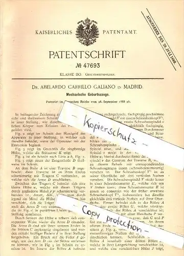 Original Patent - Dr. A.C. Galiano in Madrid , 1888 , Geburtszange , Arzt , Geburt , Hebamme , Chirurgie , Instrument !!