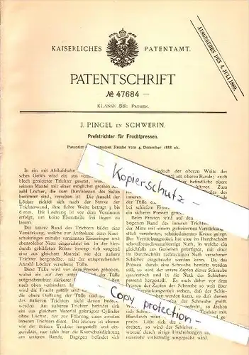 Original Patent - J. Pingel in Schwerin i. Mecklenburg , 1888 , Fruchtpresse , Obstbau , Obst , Presse !!!