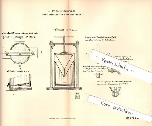Original Patent - J. Pingel in Schwerin i. Mecklenburg , 1888 , Fruchtpresse , Obstbau , Obst , Presse !!!