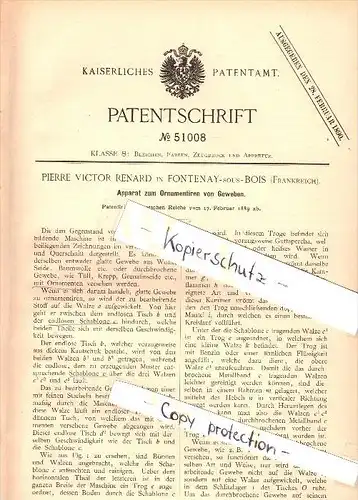 Original Patent - Pierre Victor Renard à Fontenay sous Bois , 1889 , Appareil pour ornements en tissu  !!!