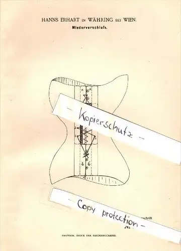 Original Patent -  Hanns Erhart in Währing b. Wien , 1889 , Verschluss für Mieder , Korsett , corset !!!