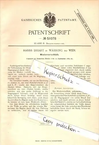 Original Patent -  Hanns Erhart in Währing b. Wien , 1889 , Verschluss für Mieder , Korsett , corset !!!