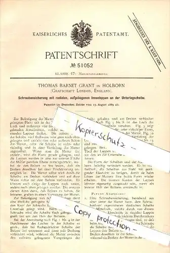 Original Patent - Thomas Barnet Grant in Holborn , London , 1889 , Screw lock, metal !!!