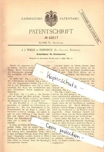 Original Patent -  J.J. Wikle in Rheineck , St. Gallen , 1887 , Schuhmacher - Arbeitsständer , Schuster , Schuhe !!!