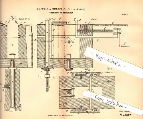 Original Patent -  J.J. Wikle in Rheineck , St. Gallen , 1887 , Schuhmacher - Arbeitsständer , Schuster , Schuhe !!!