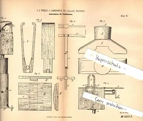 Original Patent -  J.J. Wikle in Rheineck , St. Gallen , 1887 , Schuhmacher - Arbeitsständer , Schuster , Schuhe !!!